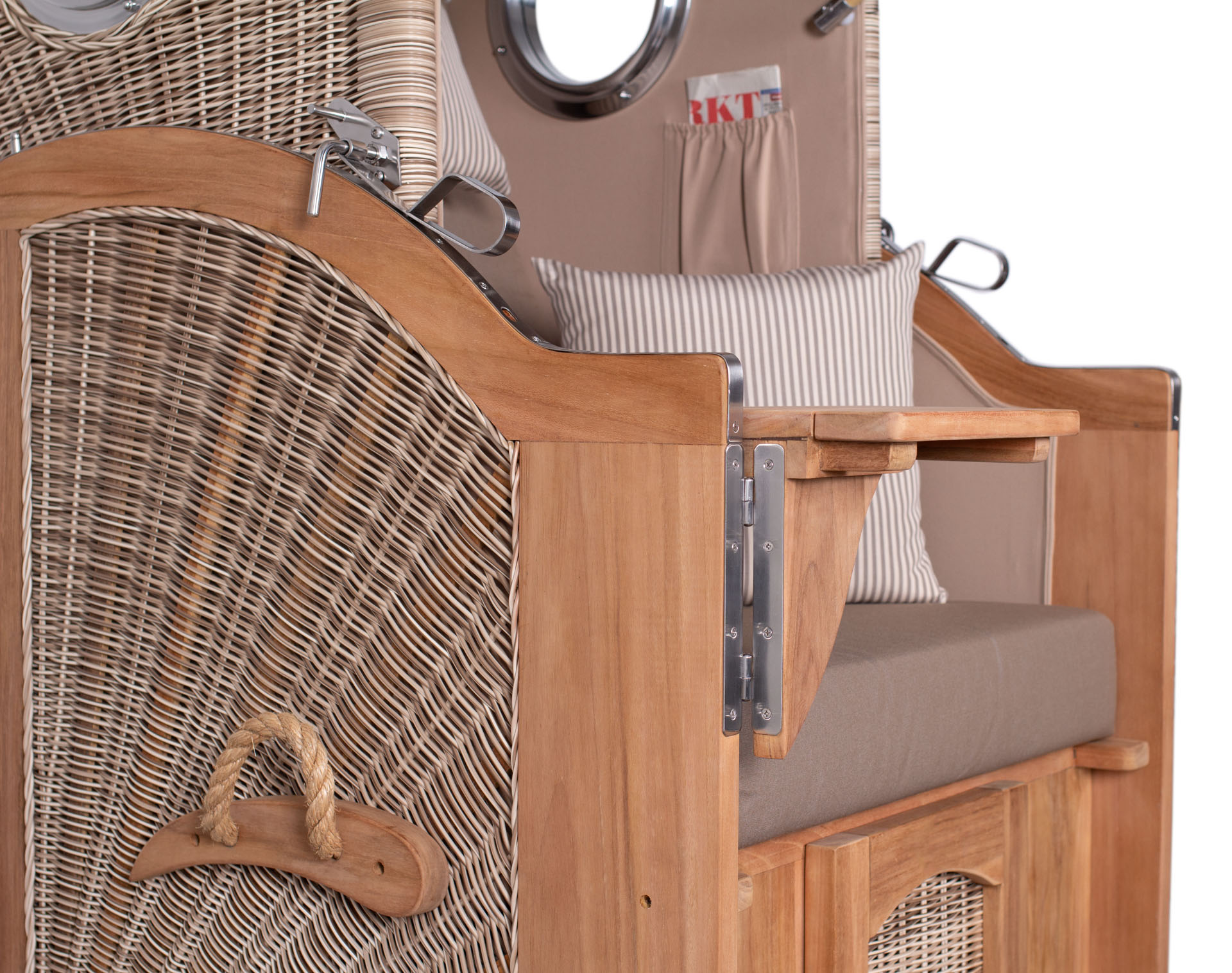 Strandkorb Rantum Single Bullauge Teak PE shell Dessin 534 Beige